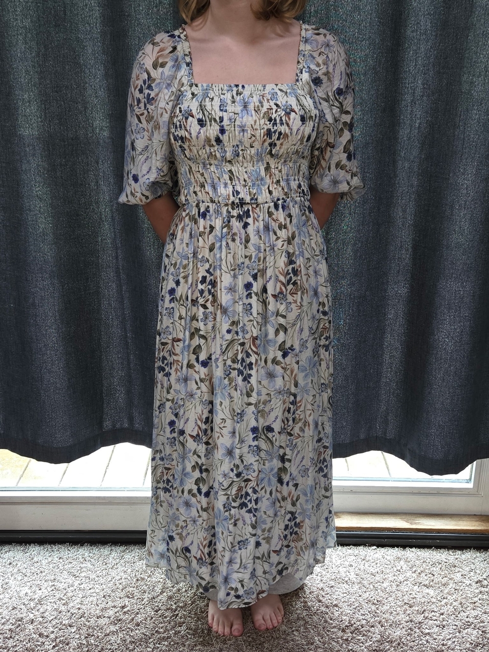 Smocked Square-Neck Maxi Dress in Blue Floral